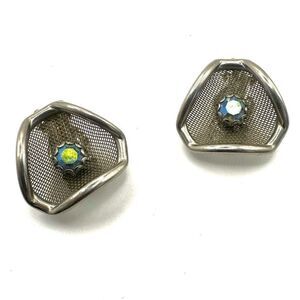 Silver tone crystal mesh clip on vintage estate earrings